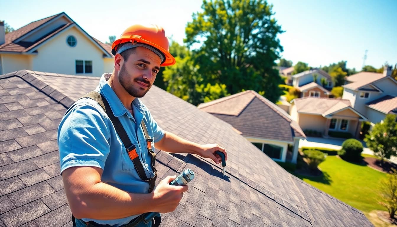 Roofing contractor inspecting a residential roof with tools, ensuring quality and safety.