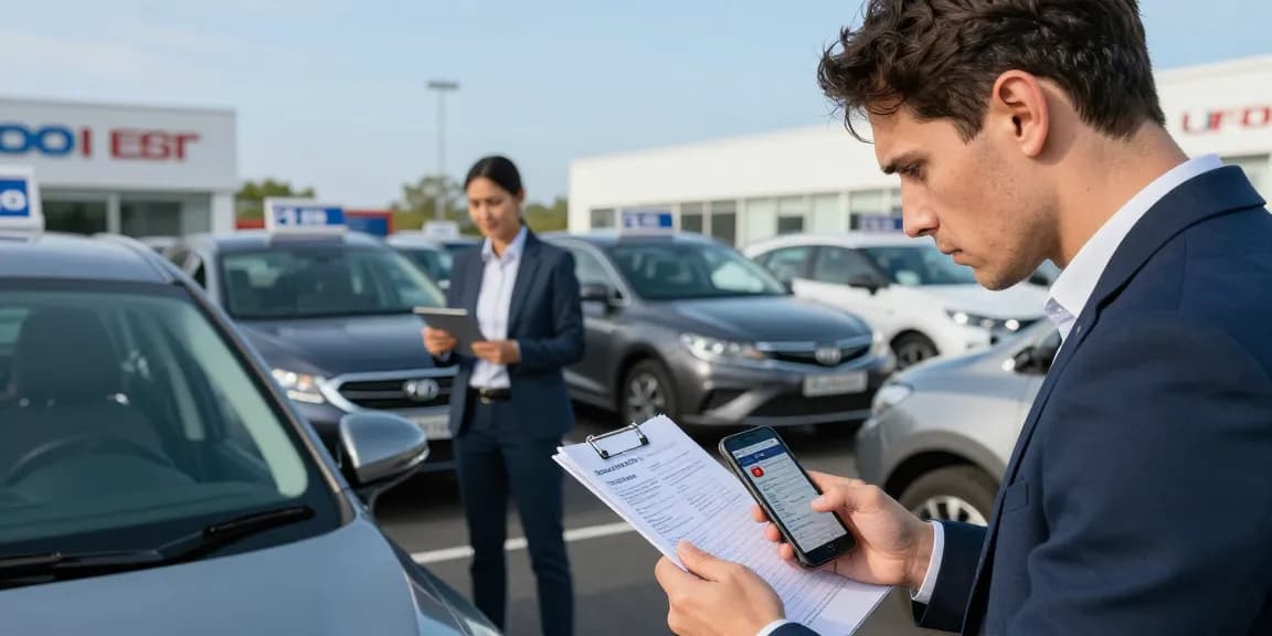Inspecting a vehicle with a car history check UK report at a dealership.