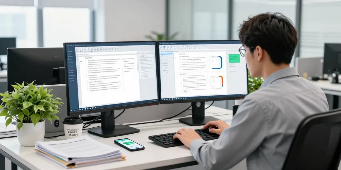 Focused compliance analyst using document fraud detection tools in a modern office setting.