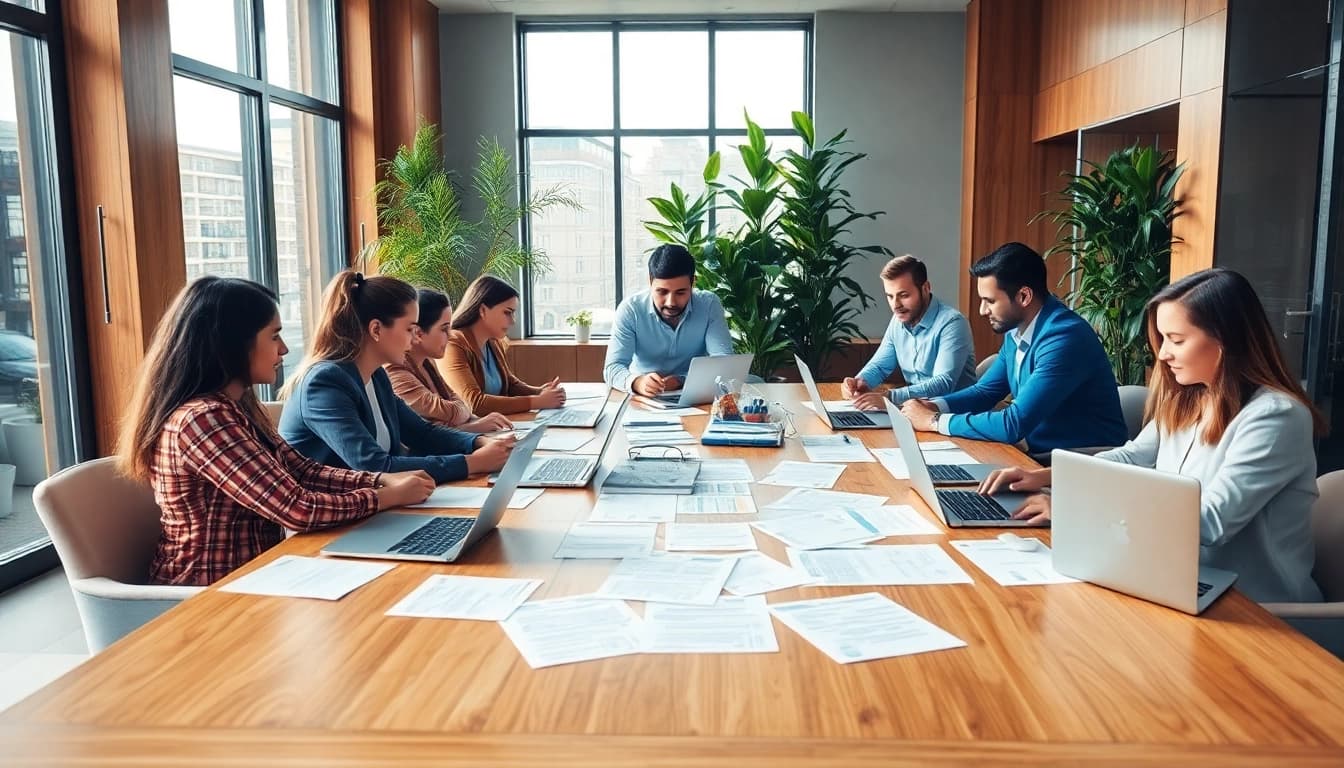 Enhance Contract Management workflow with a collaborative team in a bright office setting.