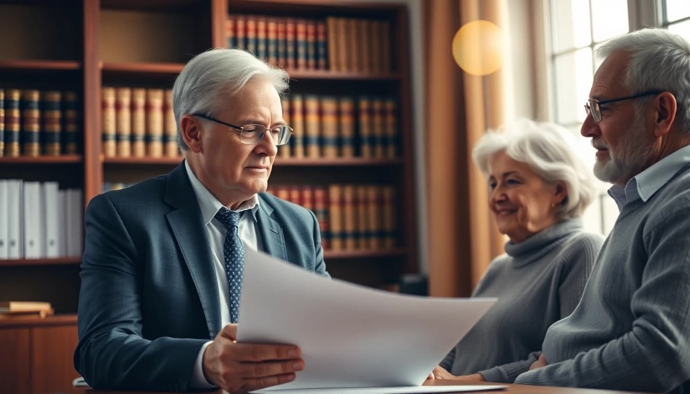 Legal advisor helping elderly couple understand the concept of an Enduring Guardian in a warm office.