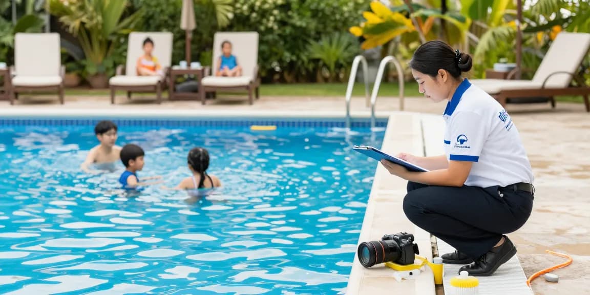 Dolphin Pool Services team member inspecting a pool with a family enjoying their summer day.