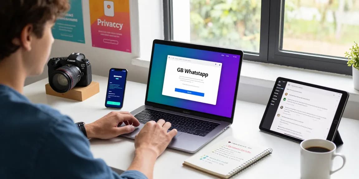 Person downloading GB WhatsApp on a laptop in a modern tech workspace with vibrant visuals and gadgets.