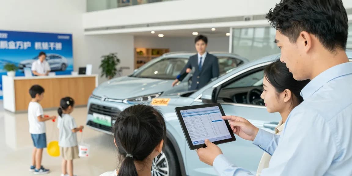Family reviewing a car history check UK report at a dealership.