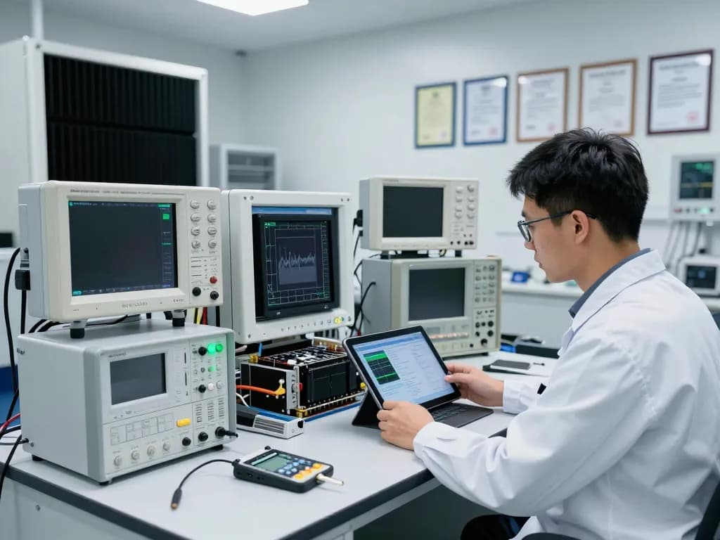 Technician conducting Automotive EMC testing in a state-of-the-art lab with advanced equipment.