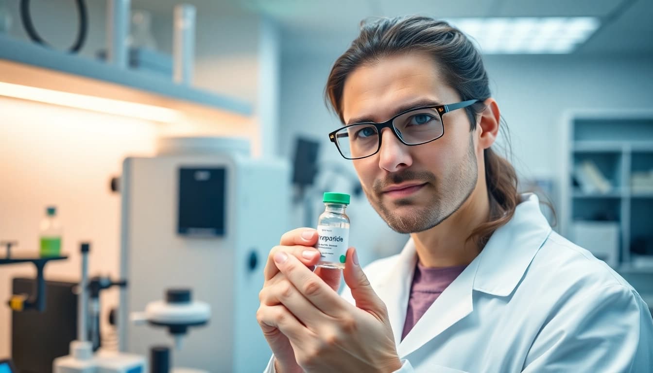 Tirzepatide vial held by a dedicated scientist in a modern laboratory setting.