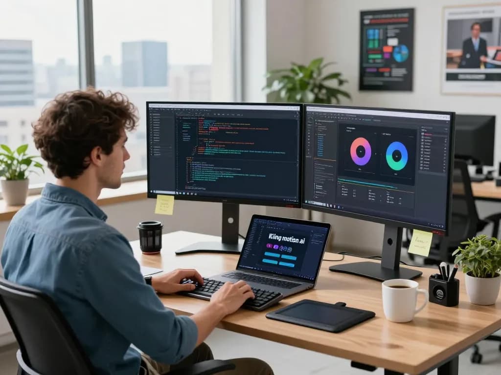 Developer using Kling motion ai in a bright tech workspace, dual monitors, coding environment.