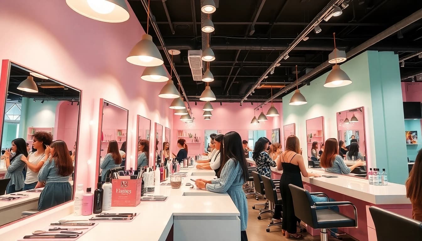 Gorgeous interior of a 헤어샵 with bright decor, hairstylists at work.
