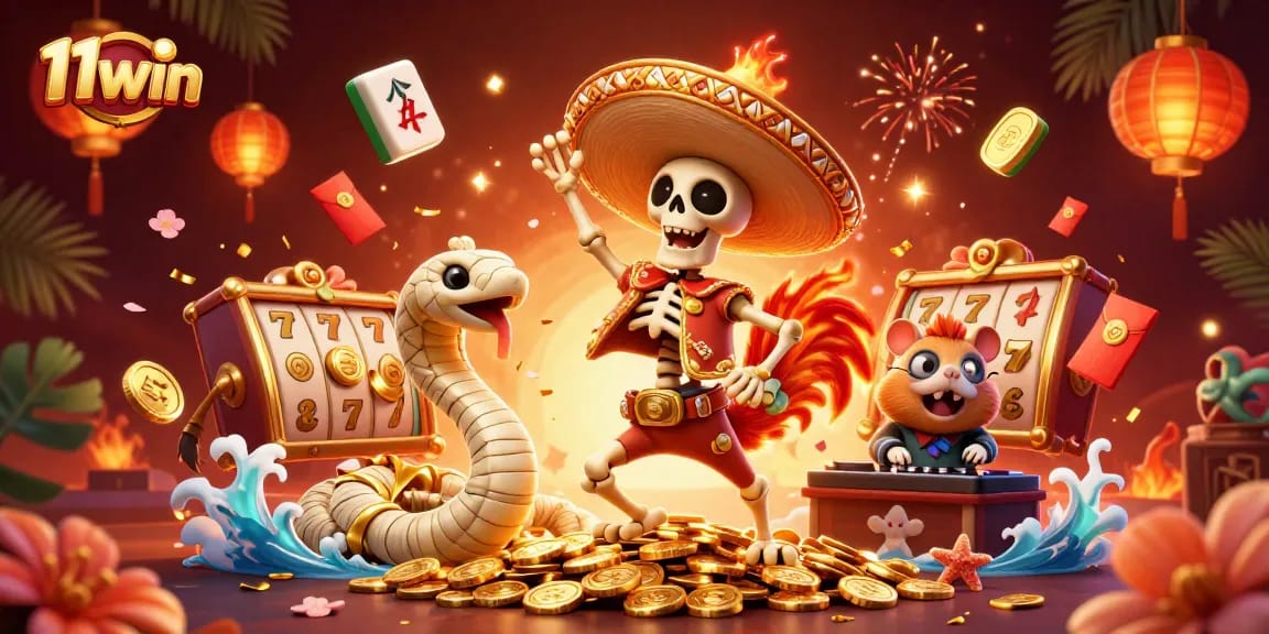 Experience the excitement of 11win with vibrant casino characters dancing on golden coins.