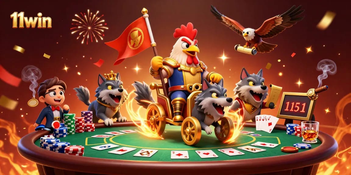 11win poker scene with a rooster warlord and wolves celebrating, dynamic casino action.
