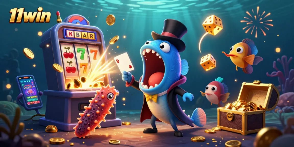 Bustling 11win casino illustration showcasing a deep-sea theme with vibrant slot elements.