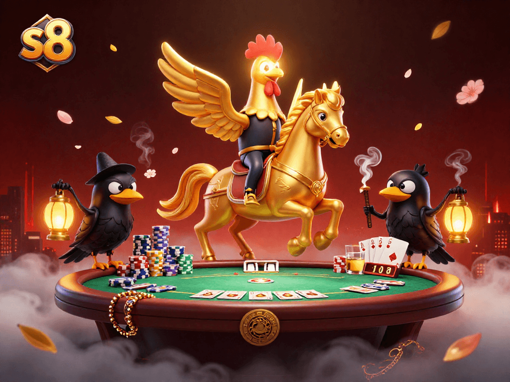 s8 unleashes incredible winnings during a vibrant midnight casino scene with golden rooster and companions