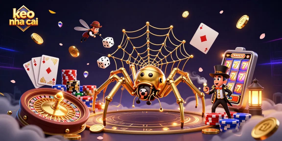 Experience the excitement of keo nha cai with a dynamic 3D illustration showcasing vibrant casino elements and immersive characters.