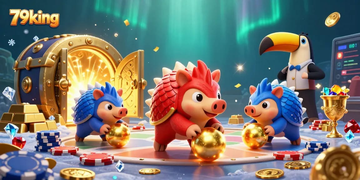 Engage in 79king’s thrilling 3D casino battle as rival pangolins roll through vibrant poker chips.