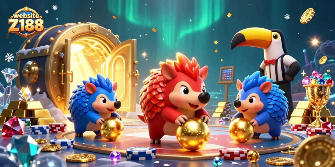 Experience thrilling gaming moments at website Z188 with vibrant illustrations of competitive pangolins and casino elements.