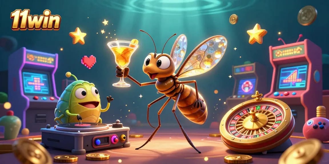 Engage with 11win's vibrant 3D casino theme featuring a unique mascot holding a golden cocktail amidst lively gaming elements.