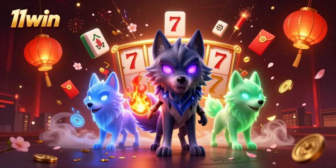 11win creates an immersive scene with a shadow wolf leader and vibrant gambling elements.