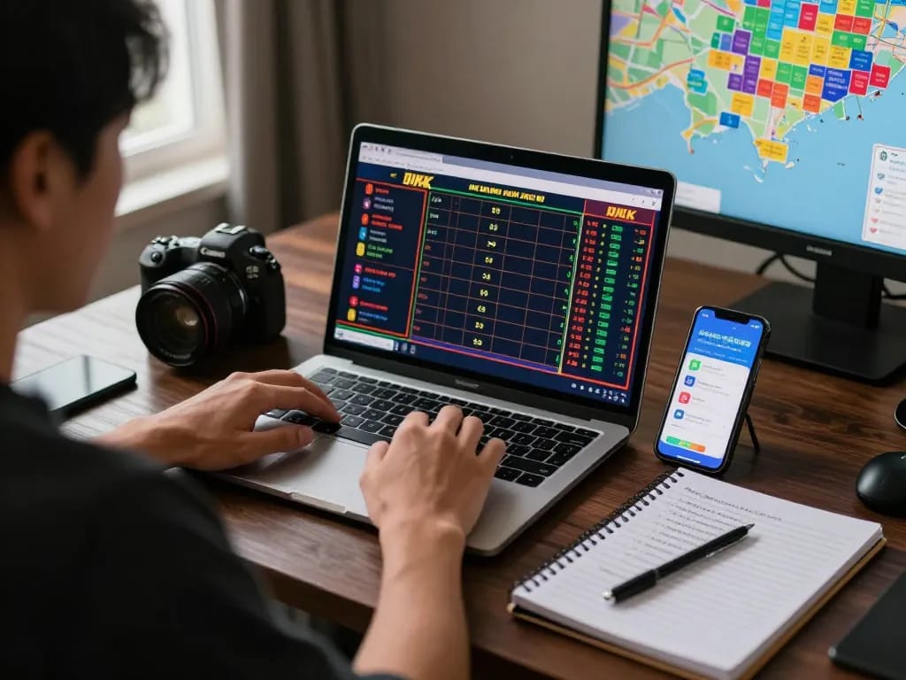 Pemain taruhan yang fokus menganalisis statistik Data HK di laptop di kantor rumah yang nyaman.