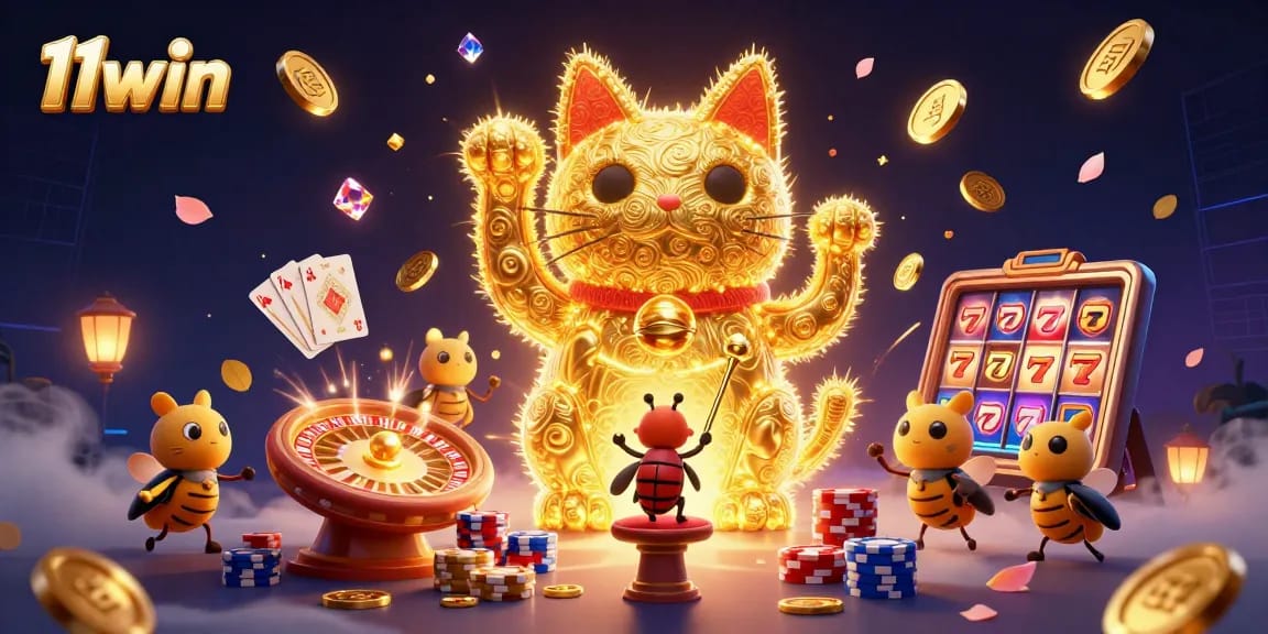 Players celebrate wins at 11win with vibrant casino symbols and lucky cat illustration.