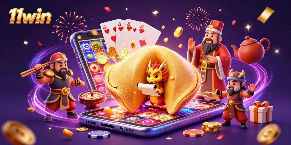Experience the excitement of 11win casino with illustrated fortune cookie and slot games.