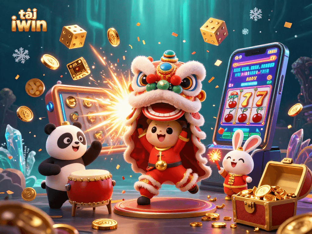 Experience the joy of tải iwin with a lively scene of a lion dance and vibrant casino elements in a festive ambiance.