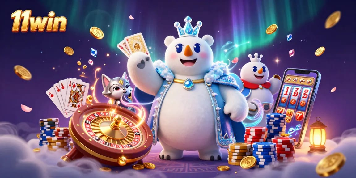 Experience 11win's thrilling 3D gaming world with a cartoon ice king and a snow fox amid vibrant casino elements.