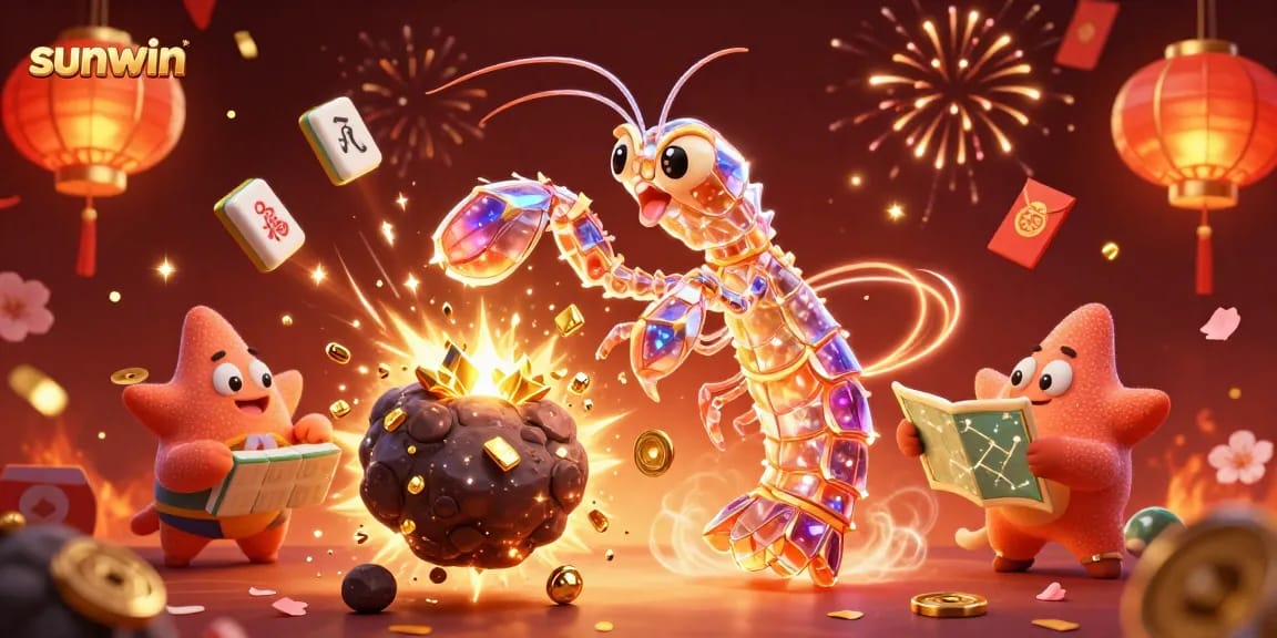 Experience sunwin's thrilling action with a galactic mantis shrimp amidst casino treasures and festive elements.