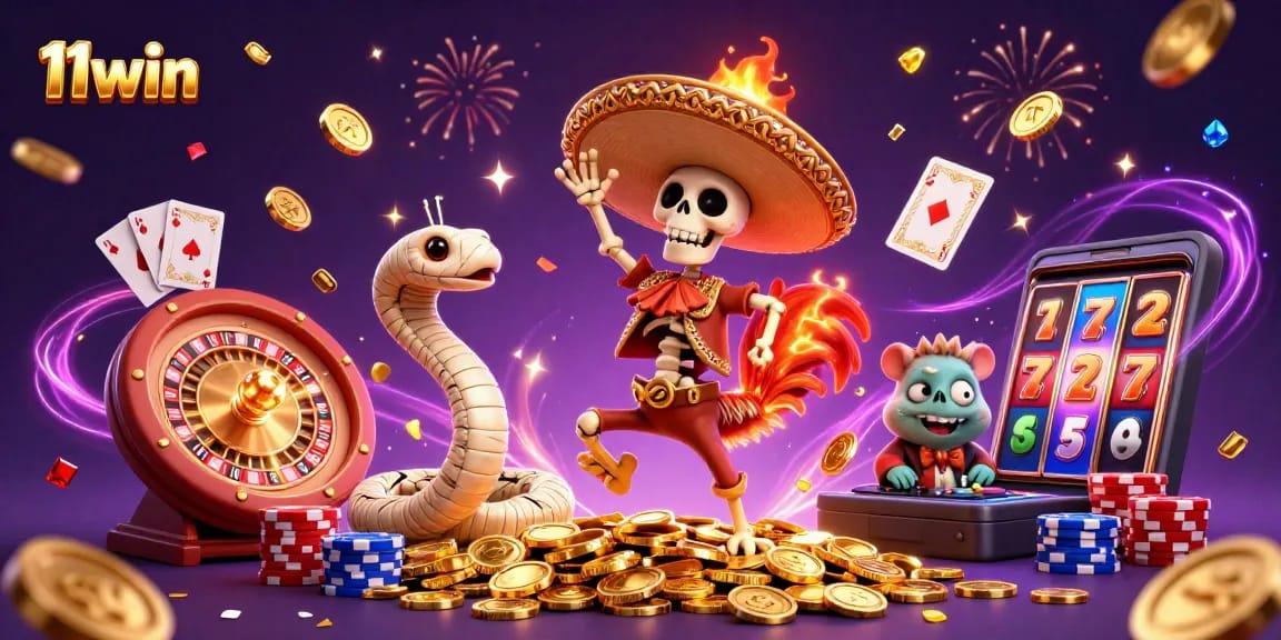Experience the excitement of 11win's vibrant casino scene with dancing characters and golden treasures.