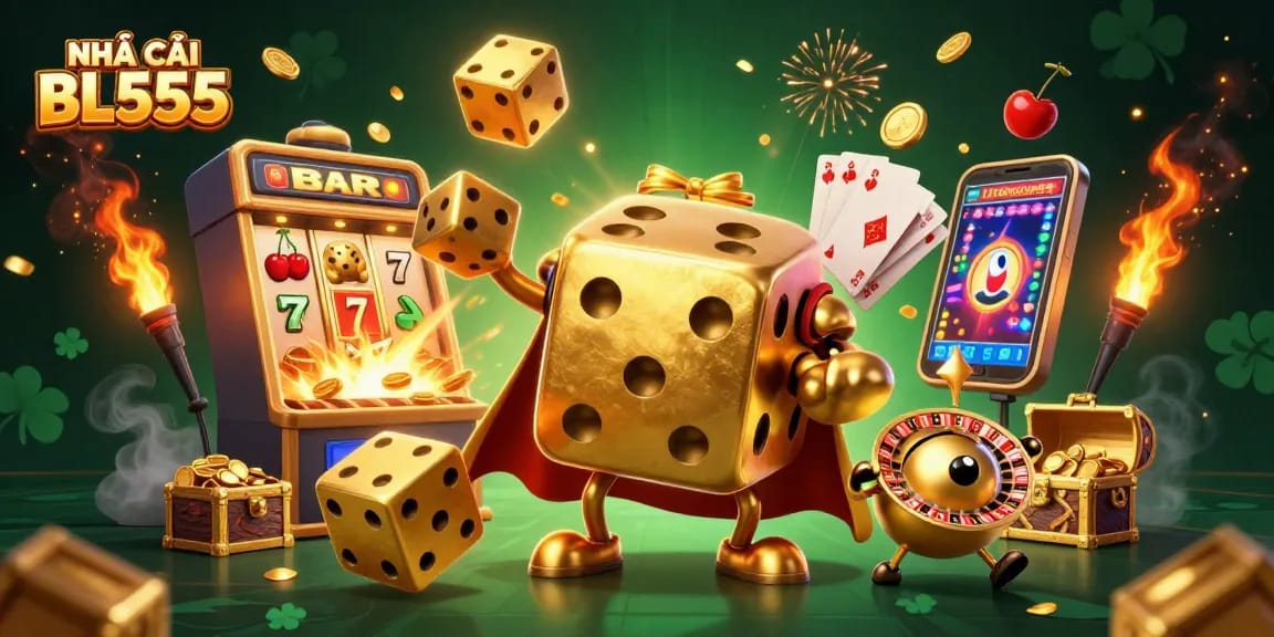 Engage in thrilling games at NHÀ CÁI BL555 with vibrant 3D visuals showcasing a golden dice golem and dynamic casino elements.