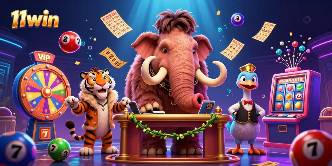 Experience thrilling gameplay at 11win with a cartoon-style illustration of an engaging casino scene.