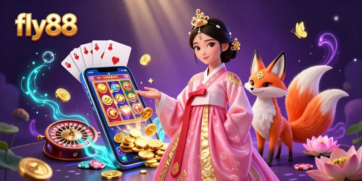 Engage with fly88's vibrant gaming scene featuring slot machines, lucky symbols, and a cultural theme.