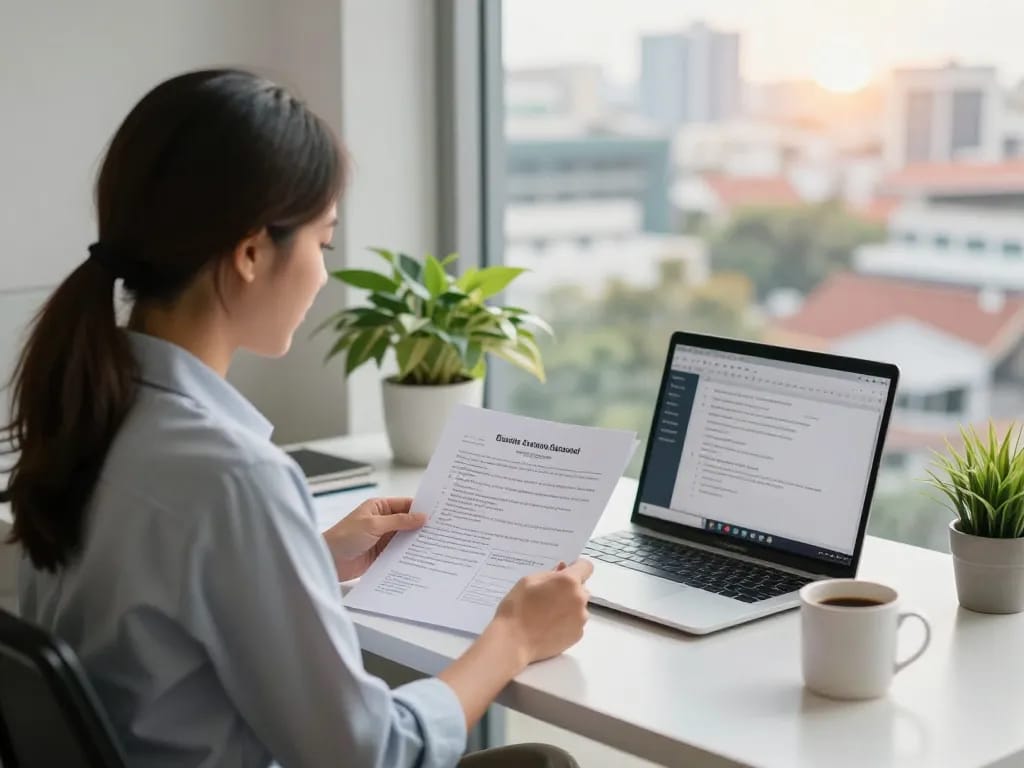 Translation Services in Chiang Mai office with translator reviewing documents.