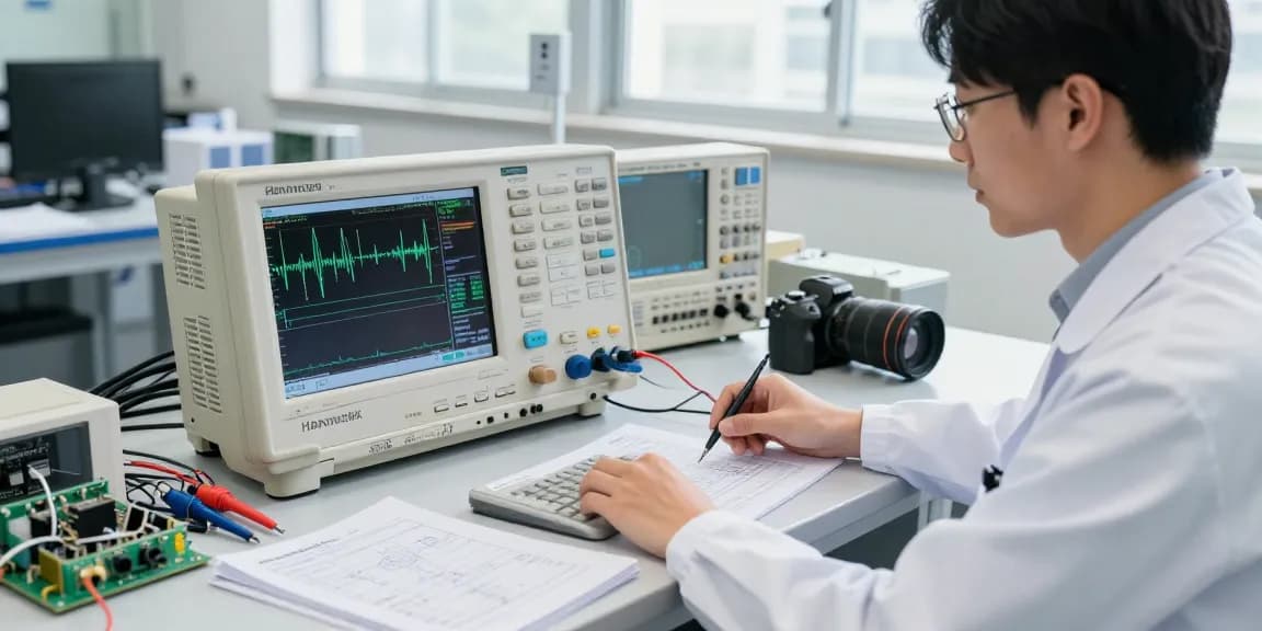 Engineer using a Digital Oscilloscope in a professional electronics lab, focusing on signal analysis.