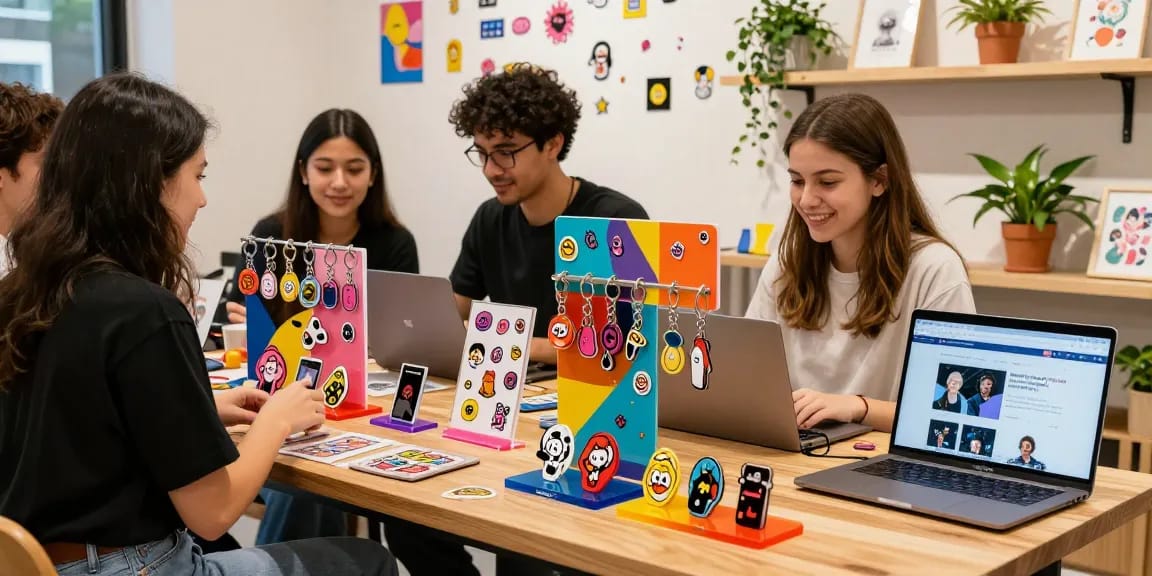 Custom acrylic stand displays showcasing vibrant designs and keychains in a bright retail setting.