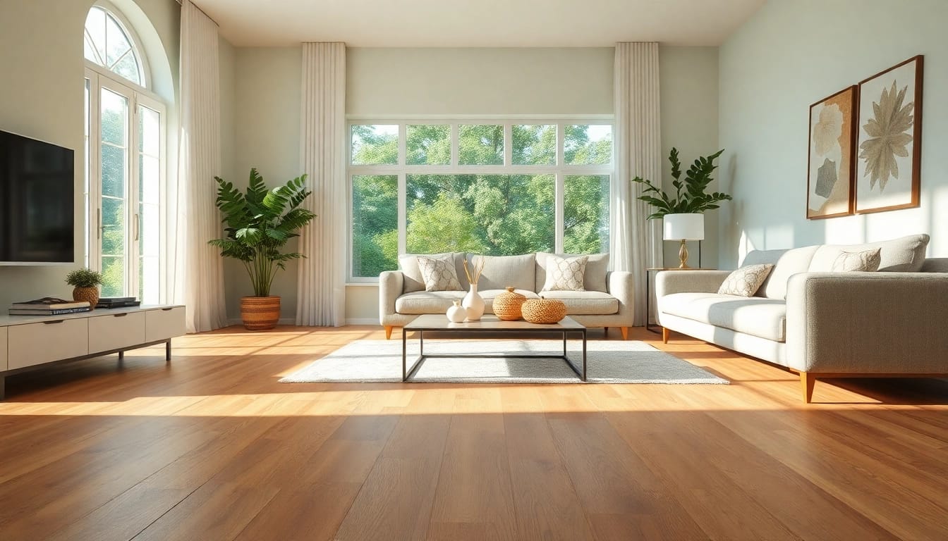 Admire the luxury vinyl plank flooring that enhances this elegant living room with natural light and sophisticated decor.