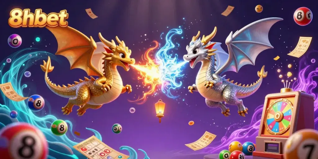 Engage in vibrant 8xbet action with twin dragons showcasing fire and ice amidst lottery elements.