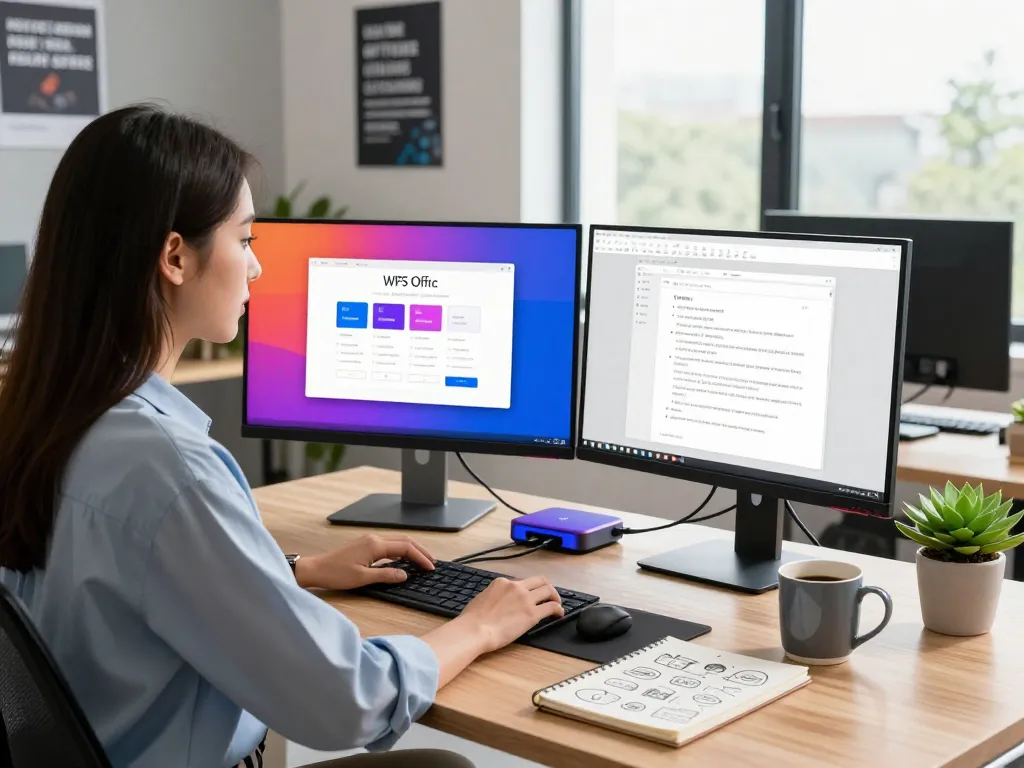 Professional woman downloading WPS Office software on her dual-screen setup in a modern workspace, showcasing productivity.