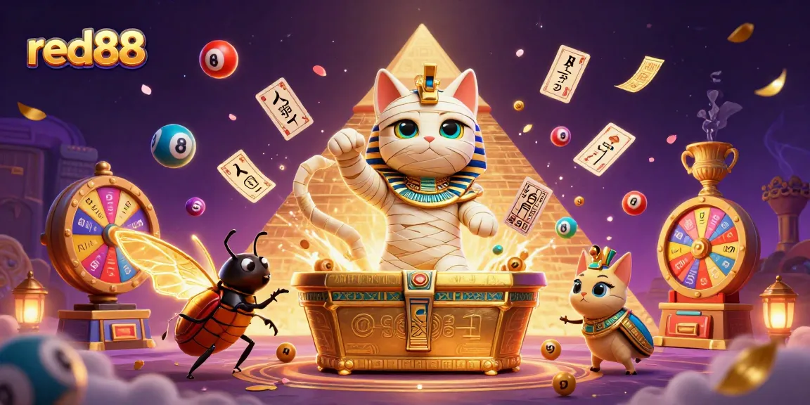 Experience vibrant gaming with red88 featuring a mummy cat, golden beetle, and floating cards.