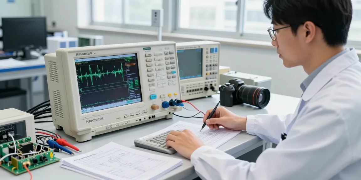Engineer using a Digital Oscilloscope in a professional electronics lab, focusing on signal analysis.