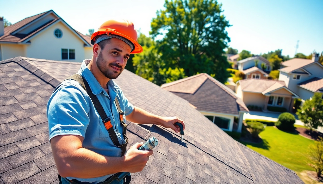 Roofing contractor inspecting a residential roof with tools, ensuring quality and safety.