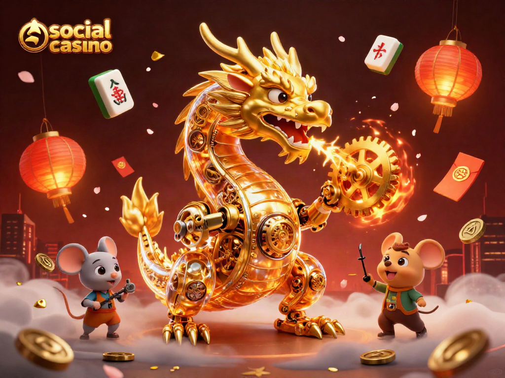 Engage in the excitement of social casino gaming with our vibrant 3D illustration of a dragon and traditional symbols.