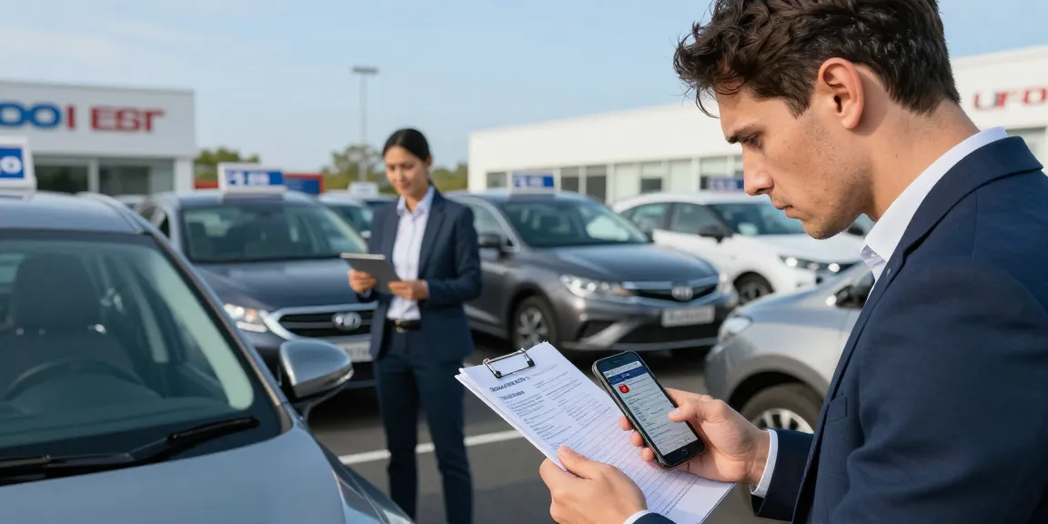 Inspecting a vehicle with a car history check UK report at a dealership.