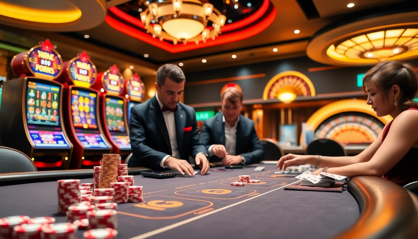 Engaging scene at PG88 casino with players at poker table and vibrant slot machines.