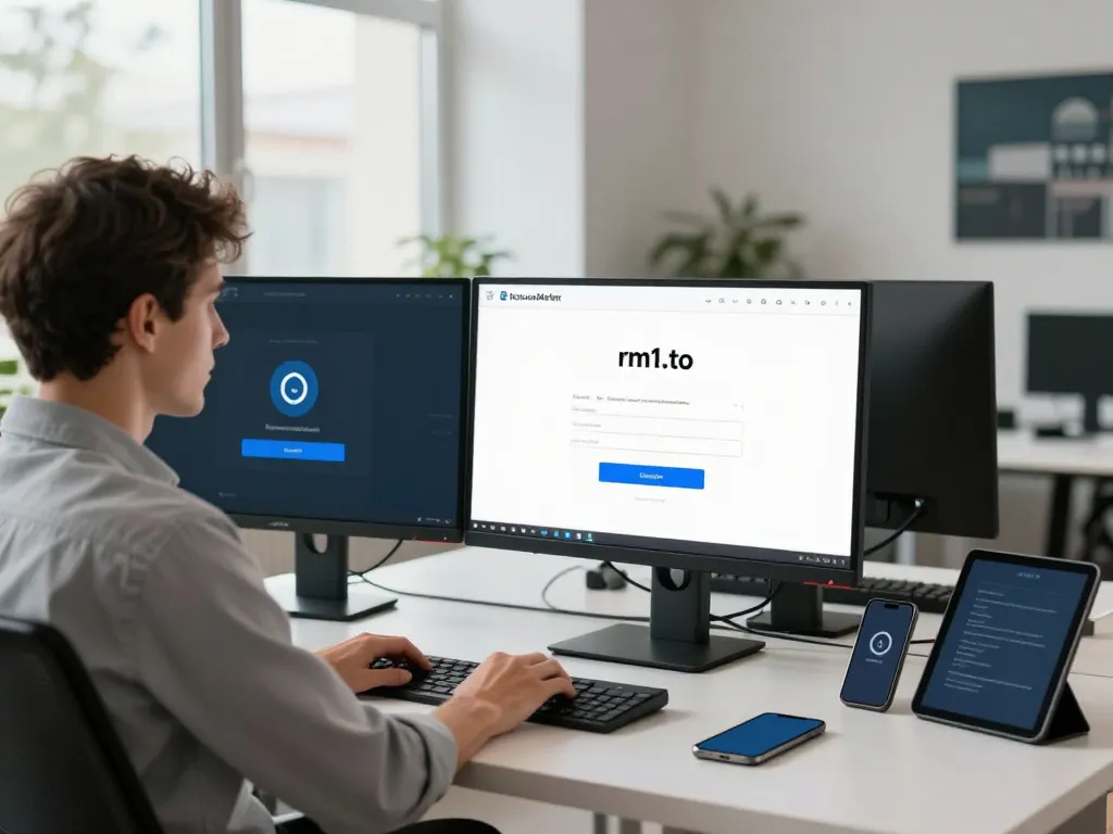 rm1.to login page on a modern tech workspace highlighting user-friendly design.