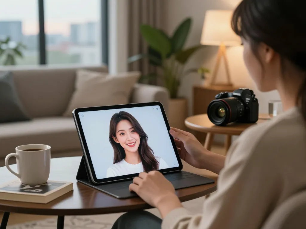 A user chatting with a personalized AI gf on a tablet in a cozy living room, showcasing modern interaction.