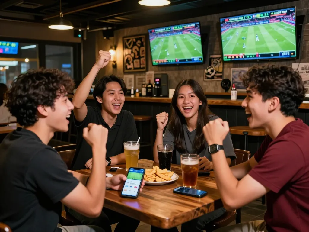 Group of friends enjoying Judi Bola betting experience at a lively sports bar during a live football match.