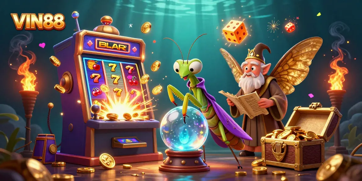 VIN88 players spin the slot machine for big wins with luck and magic in an exciting 3D casino scene.