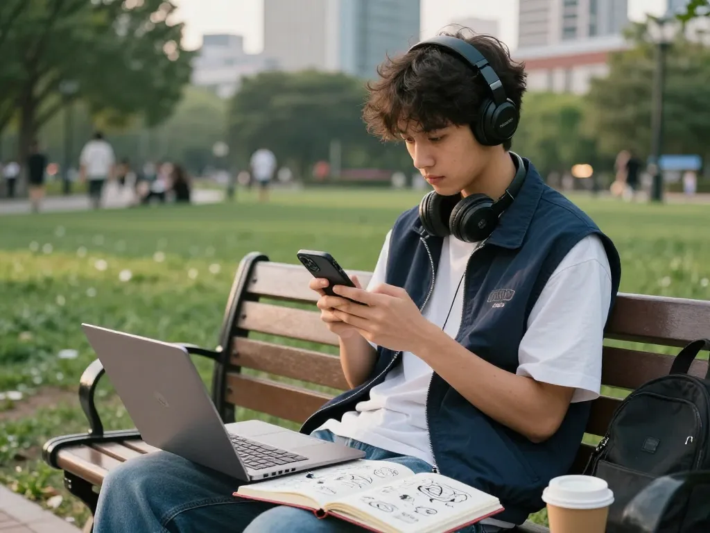 Browsing NSFW content in a park, young adult with a smartphone and laptop, trendy outfit.