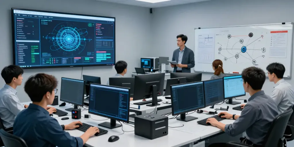 Network vulnerability assessment & penetration testing in a modern tech lab focused on cybersecurity.