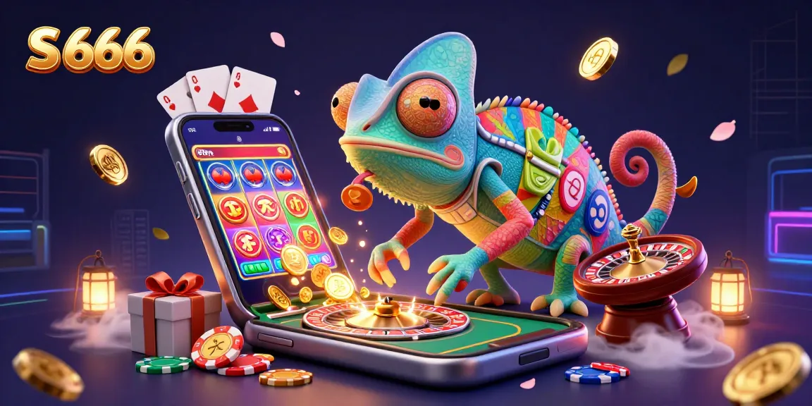 Engage in thrilling gaming at S 666, where a colorful chameleon casino owner is surrounded by dynamic slot games.
